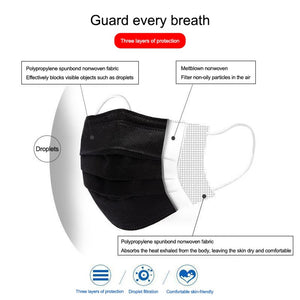Premium Black Disposable 3-Layer Protection Face Masks (50 PACK)